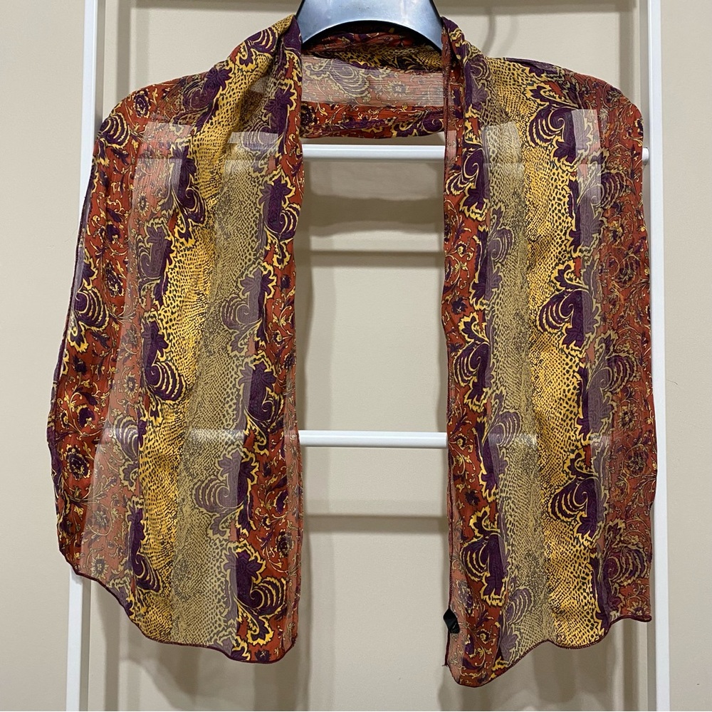 Made In France Silk Patterned Printed Multicolor Purple Yellow Semi Sheer Scarf